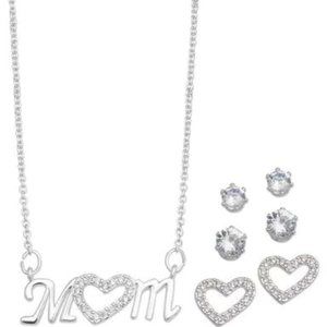 RH Macys Plated Cubic Zirconia Mom Heart Necklace With Three Piece Earring Se